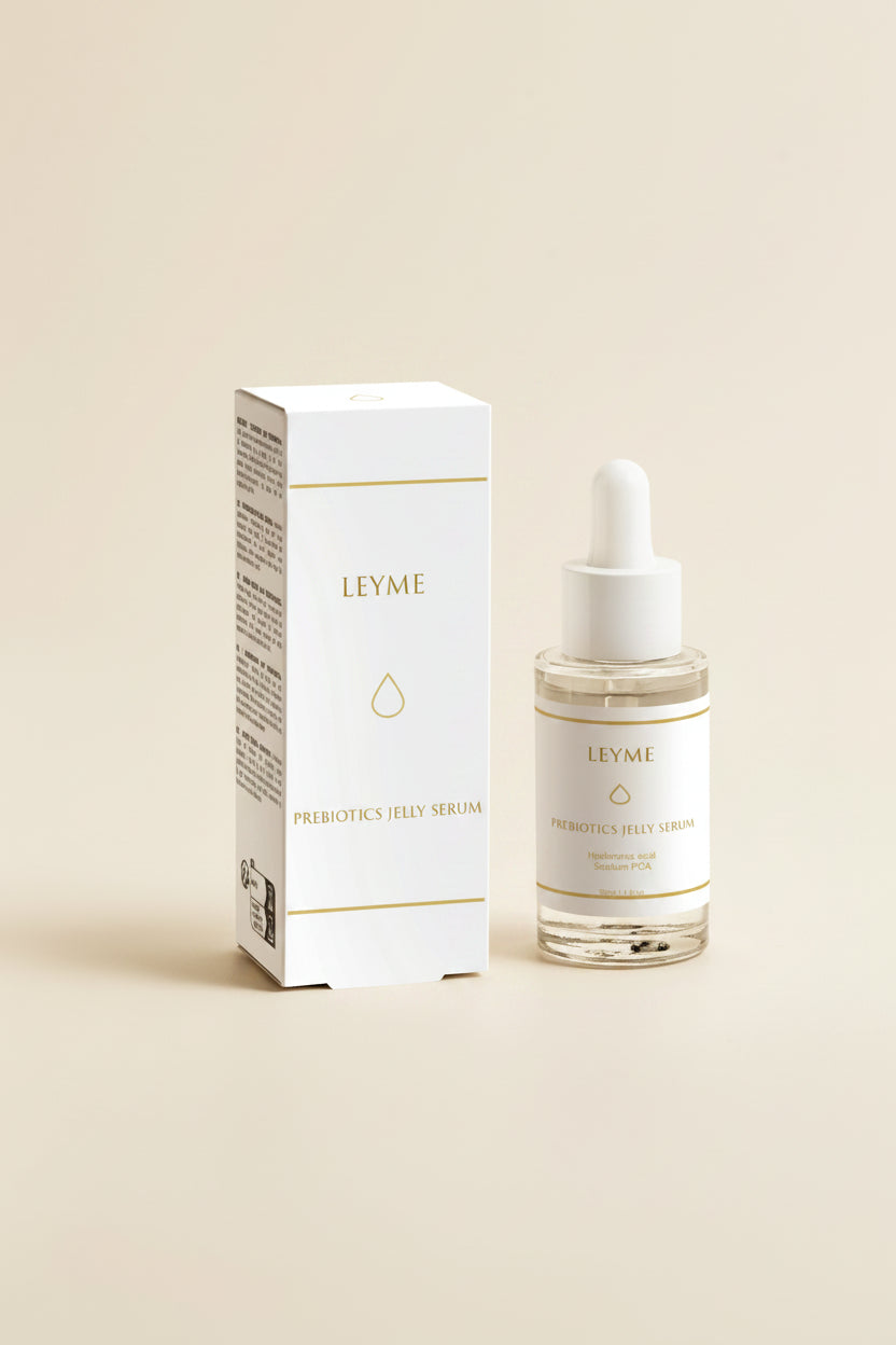 Prebiotics Jelly Serum från Leyme, bioaktivt serum i flaskan med pipett och förpackning.