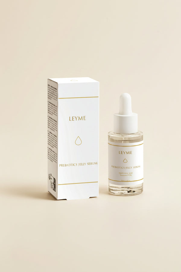 Prebiotics Jelly Serum från Leyme, bioaktivt serum i flaskan med pipett och förpackning.